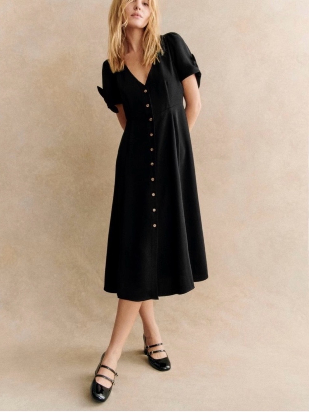 Sezane Black Button-Front Midi Dress with Tie Sleeves - Picture 5 of 6